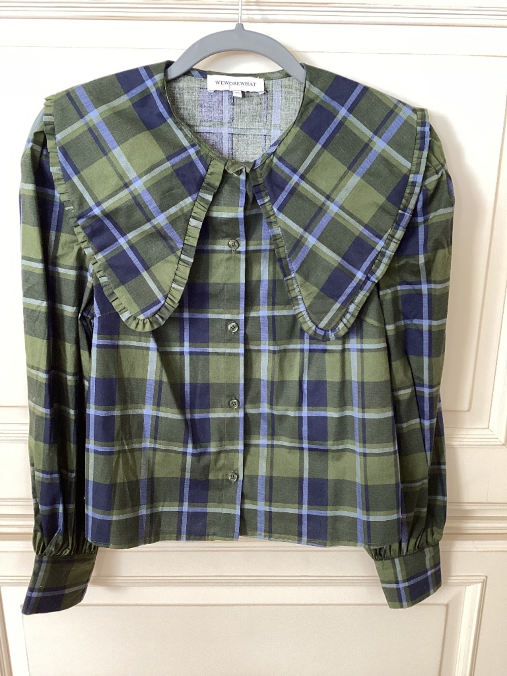 NWOT - WE WORE WHAT - LONG SLEEVE PLAID SHIRT - Size XS - Blue/Green